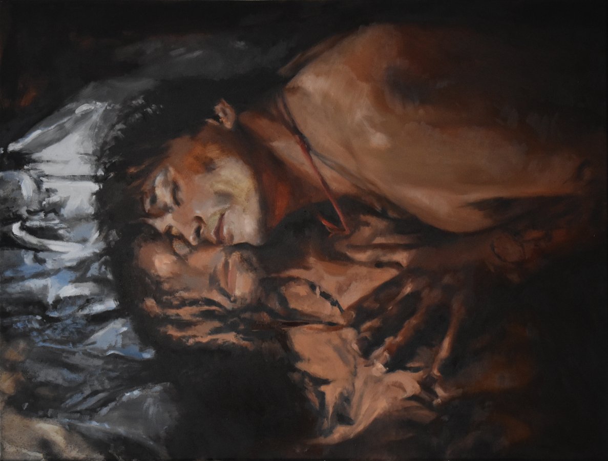 Das rote Band Öl auf Leinwand Valeria Drotskaja Porträt Figurative Malerei Leipzig