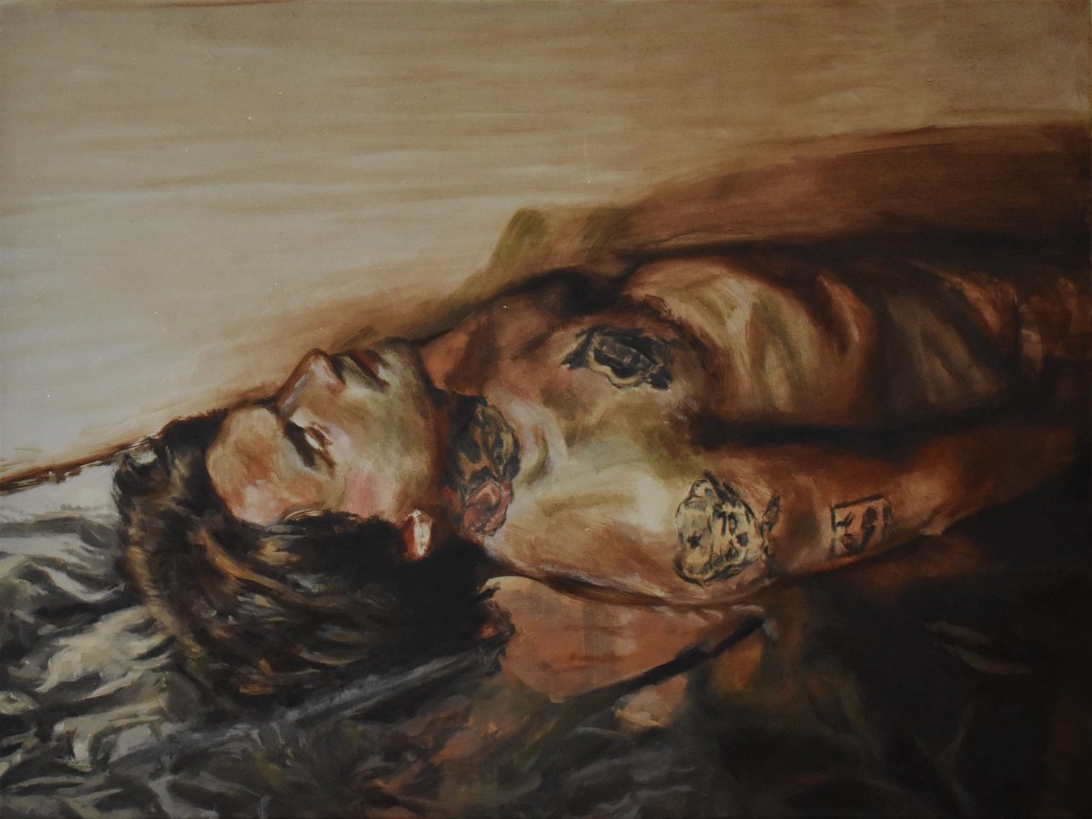 Mann am Boden Öl auf Leinwand Valeria Drotskaja Porträt Figurative Malerei Leipzig